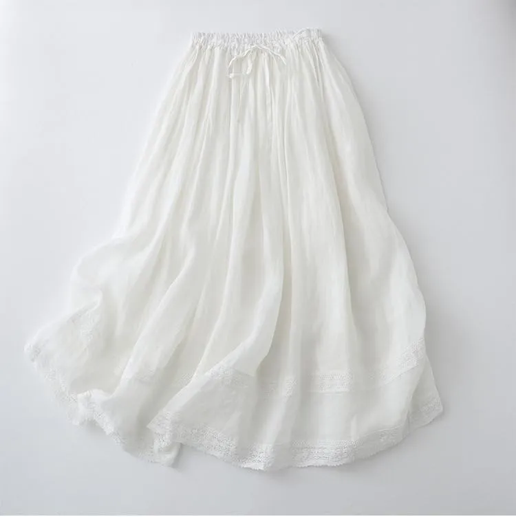 Summer Linen Skirts for Women Casual Elastic Waist Pleated Lace Crochet Tie Knot Flowy Long Skirts