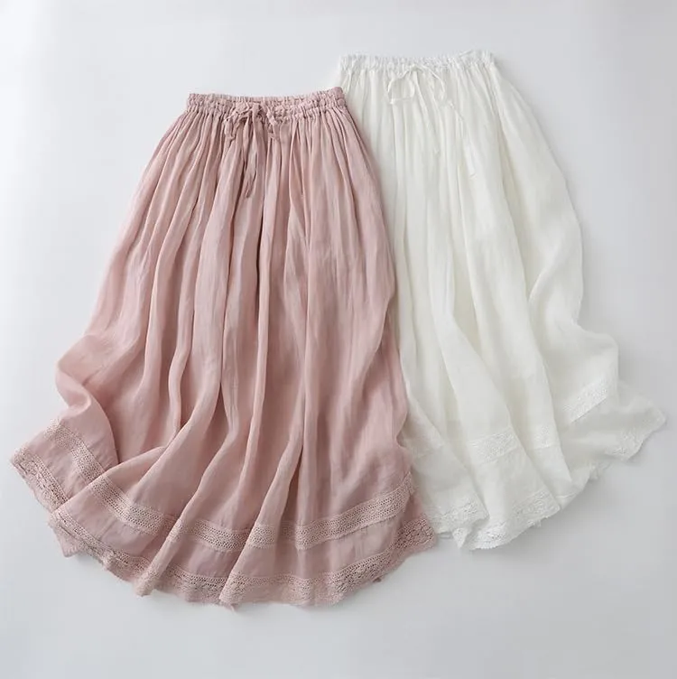Summer Linen Skirts for Women Casual Elastic Waist Pleated Lace Crochet Tie Knot Flowy Long Skirts