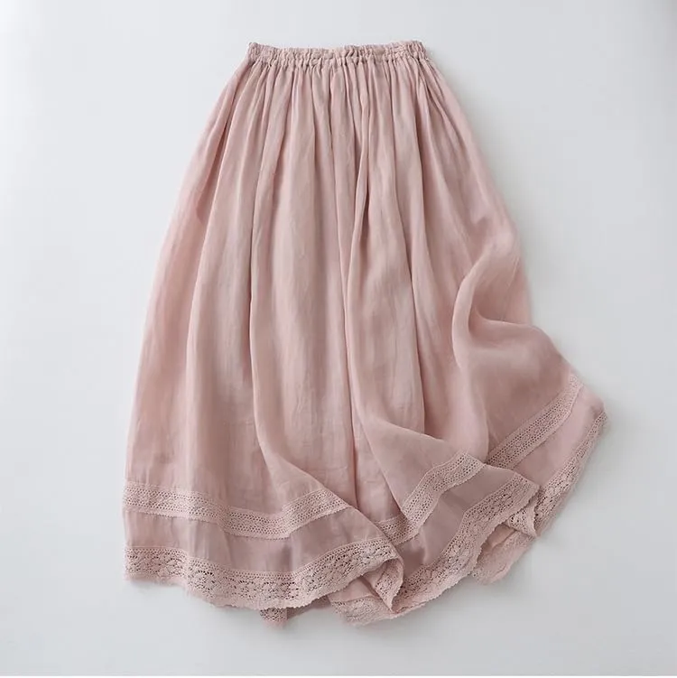 Summer Linen Skirts for Women Casual Elastic Waist Pleated Lace Crochet Tie Knot Flowy Long Skirts