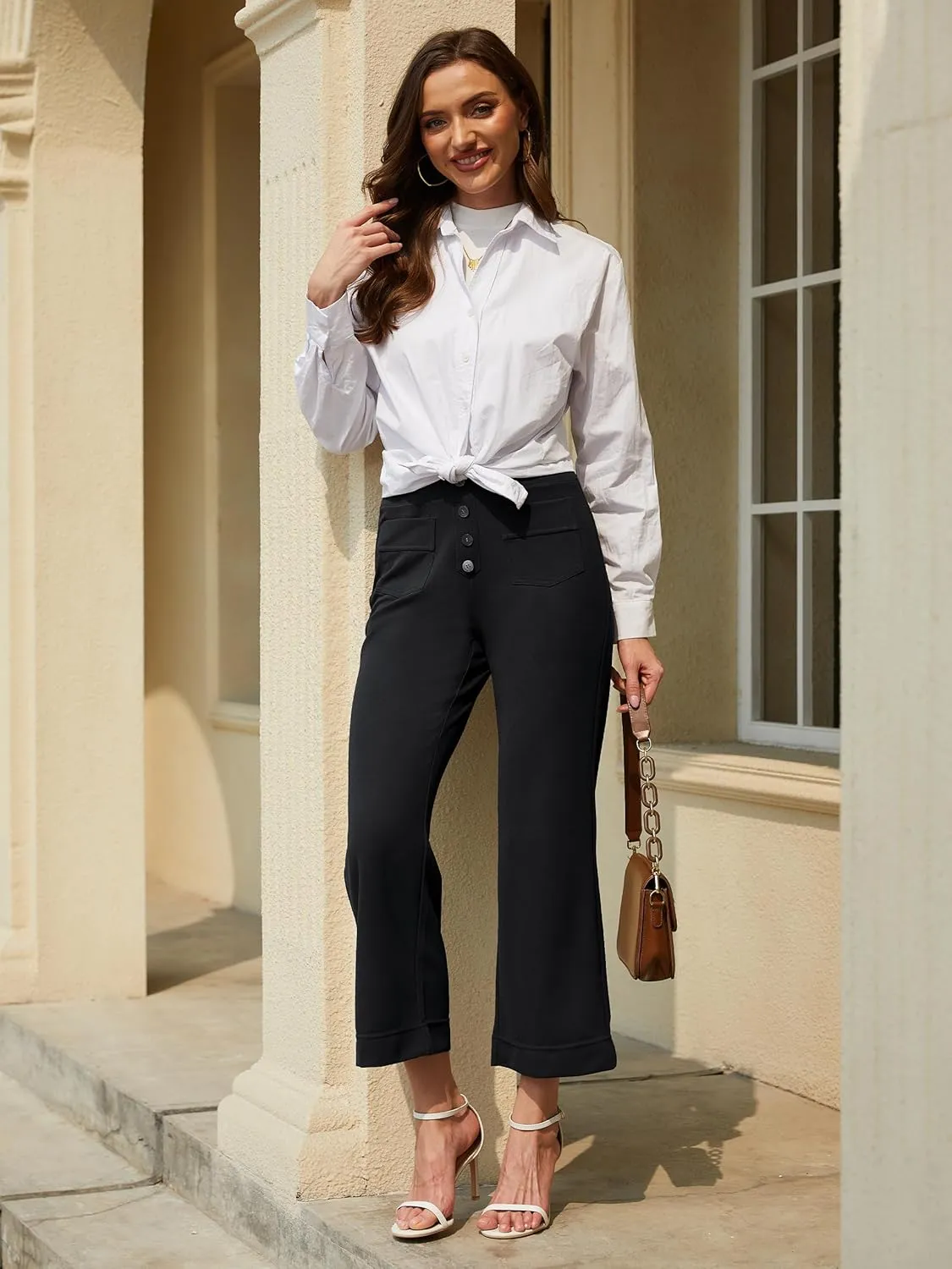 Tapata Womens 24/26/29 Inseam Cropped Flare Dress Pants Button 4 Pockets Capris Stretchy Work Casual Ankle Pant Trousers