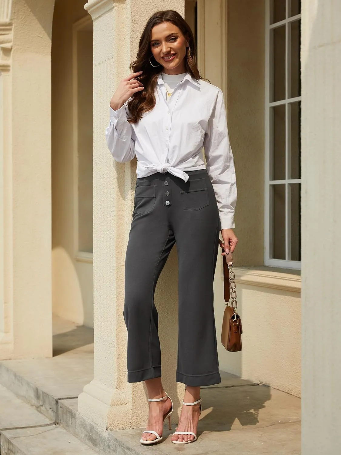 Tapata Womens 24/26/29 Inseam Cropped Flare Dress Pants Button 4 Pockets Capris Stretchy Work Casual Ankle Pant Trousers