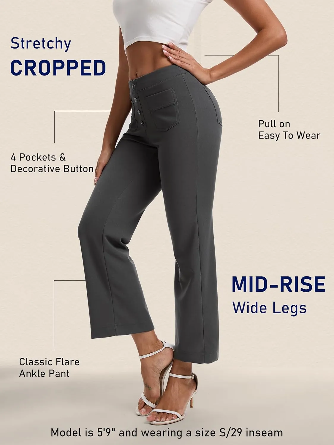 Tapata Womens 24/26/29 Inseam Cropped Flare Dress Pants Button 4 Pockets Capris Stretchy Work Casual Ankle Pant Trousers