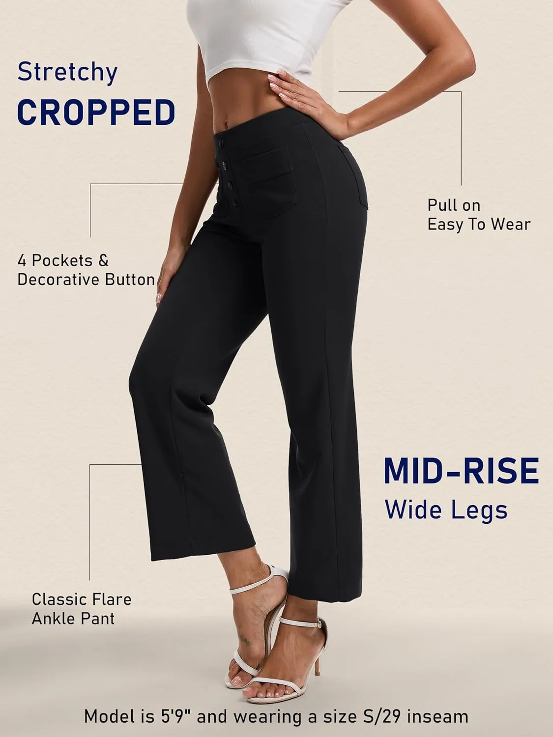 Tapata Womens 24/26/29 Inseam Cropped Flare Dress Pants Button 4 Pockets Capris Stretchy Work Casual Ankle Pant Trousers