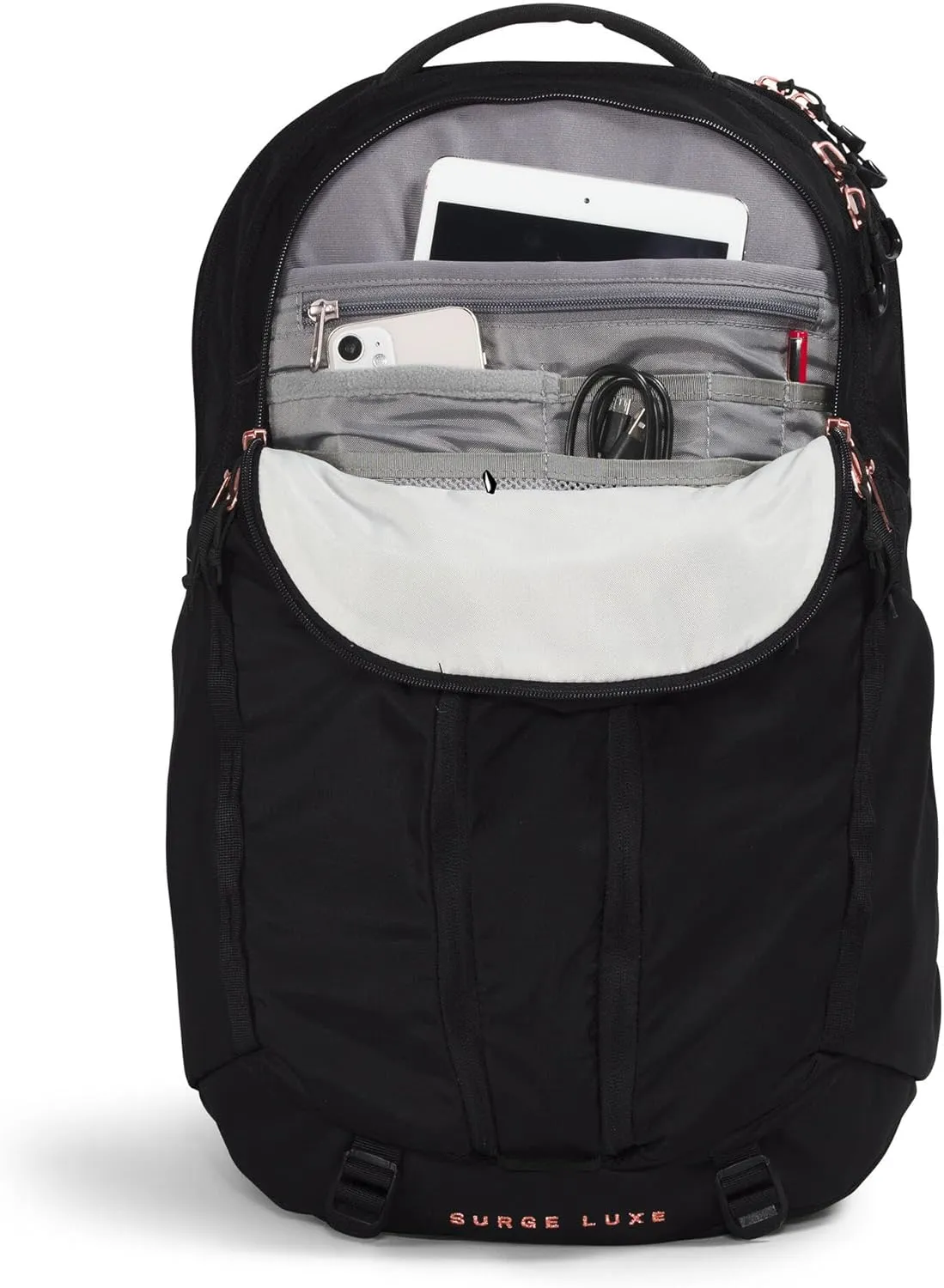 THE NORTH FACE Women's Surge Luxe Computer Laptop Backpack, TNF Black/Burnt Coral Metallic-NPF, One Size
