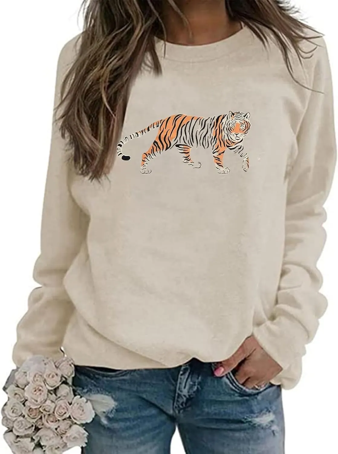Tiger Sweatshirt Women Vintage Leopard Tiger Graphic Pullovers Animal Lover Long Sleeve Top Fall Casual Crewneck Shirt