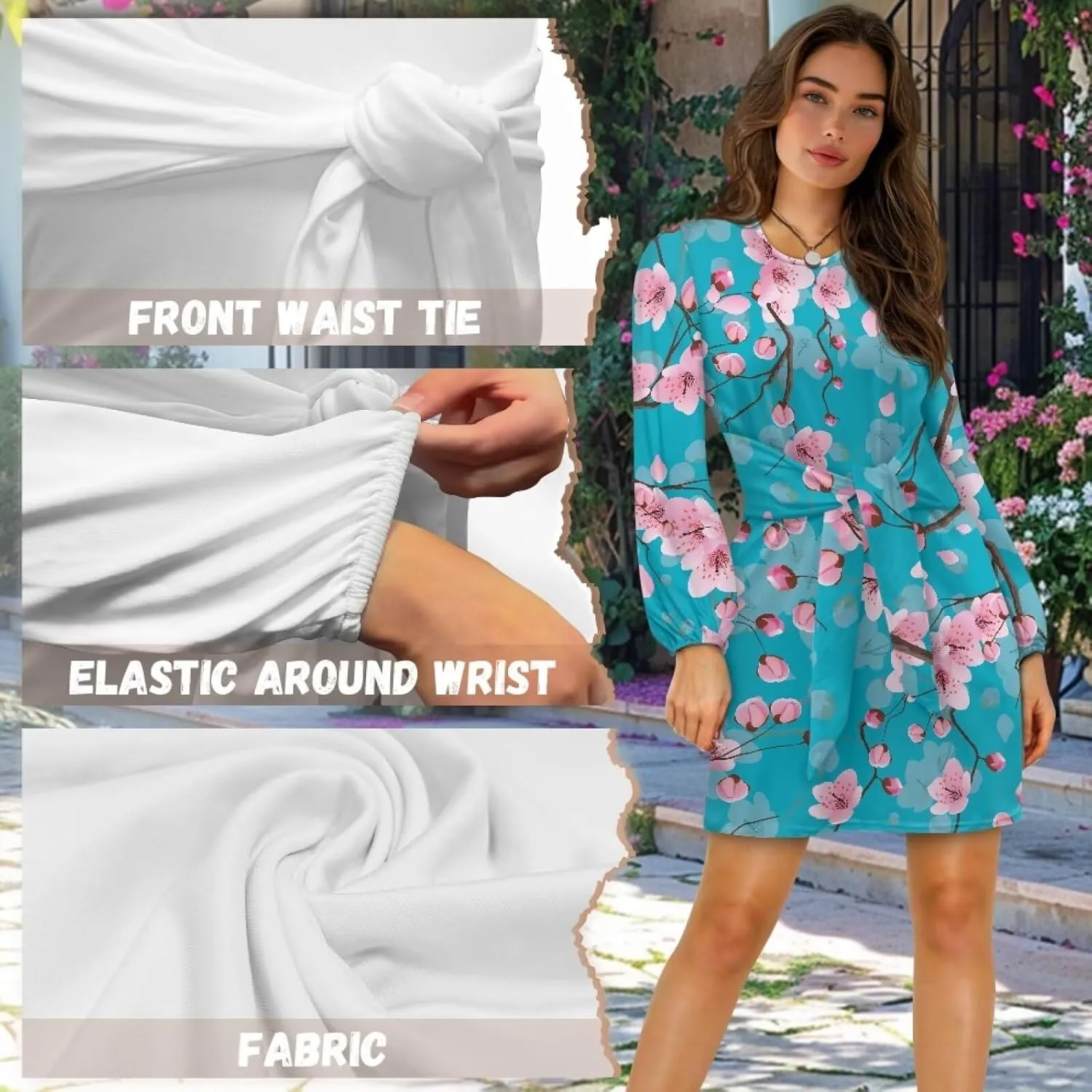TODIYADDU Dress for Women Elegant Long Sleeve Cocktail Party Dress Mini Dresses with Belt Casual T Shirt Dress Midi Dresses