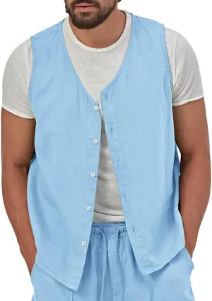 TOMITANY Mens Summer Linen Waistcoat Lightweight Button Vest Cardigan Outdoor Casual Tops Business Suit Waistcoat