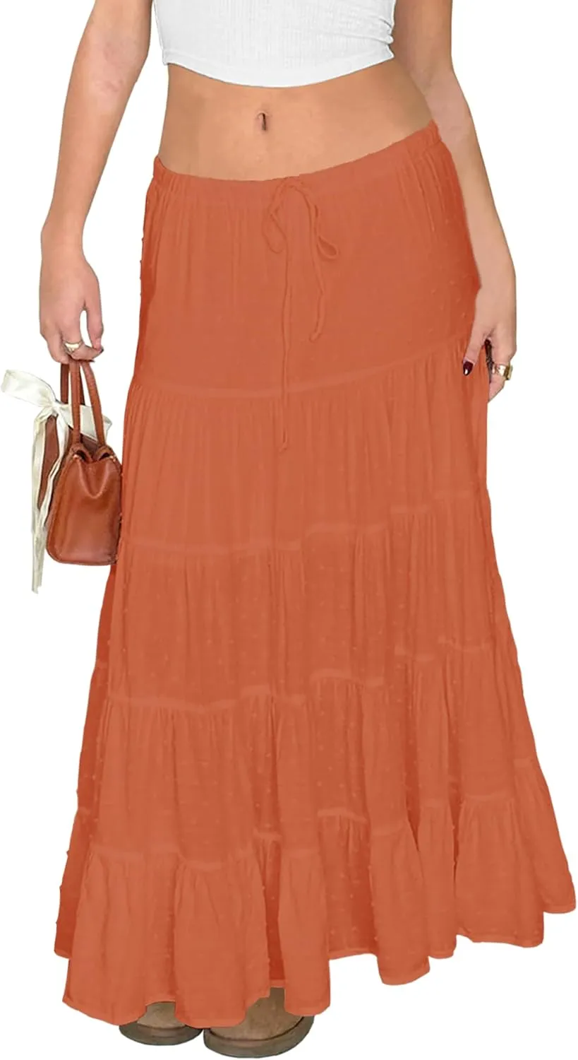 Tsher Women's Casual High Elastic Waist Ruffle Boho Pleated A-line Long Maxi Skirts 0333