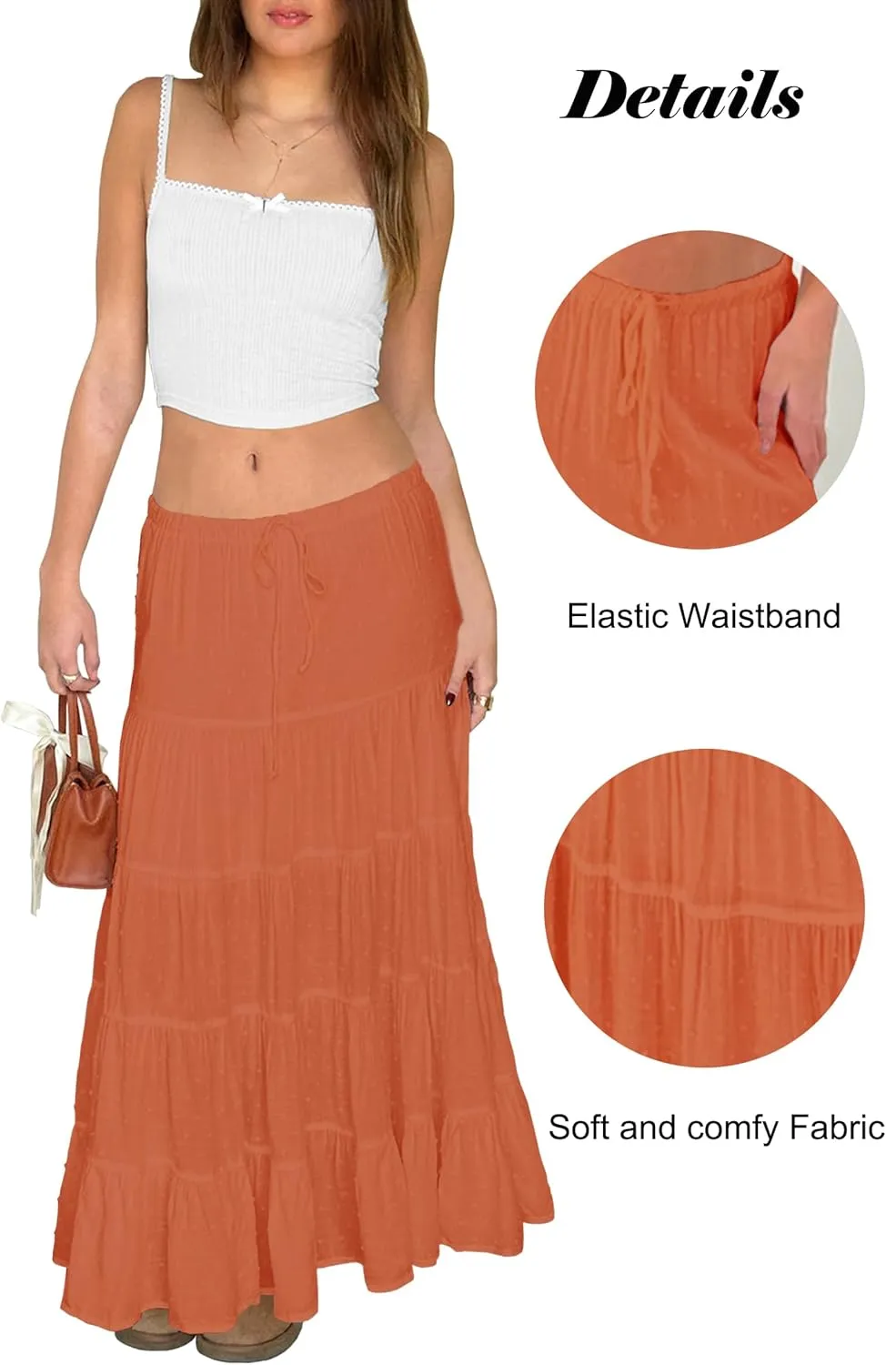 Tsher Women's Casual High Elastic Waist Ruffle Boho Pleated A-line Long Maxi Skirts 0333