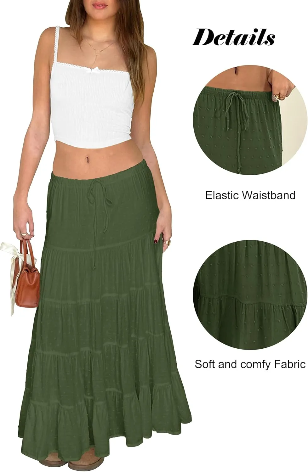 Tsher Women's Casual High Elastic Waist Ruffle Boho Pleated A-line Long Maxi Skirts 0333