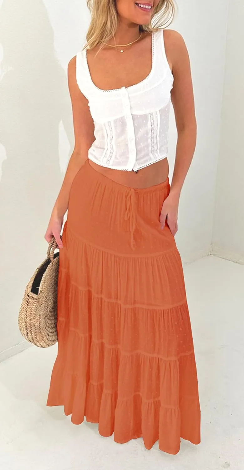 Tsher Women's Casual High Elastic Waist Ruffle Boho Pleated A-line Long Maxi Skirts 0333