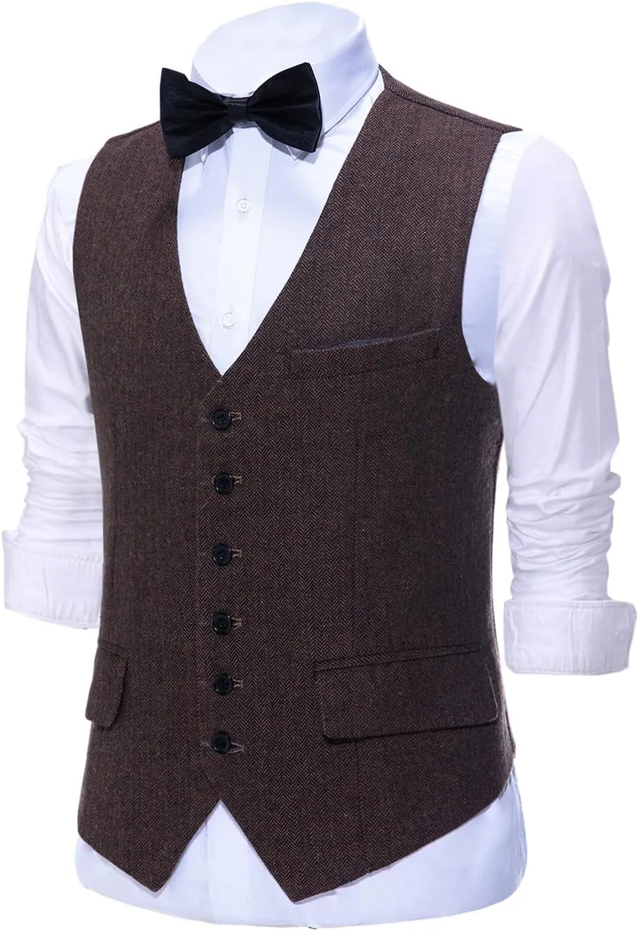 Tuikayoo Mens Herringbone Suits Vests Wool Business Tweed Retro Waistcoats Groomsman Slim Fit
