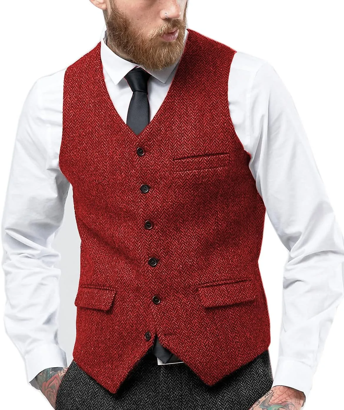 Tuikayoo Mens Herringbone Suits Vests Wool Business Tweed Retro Waistcoats Groomsman Slim Fit