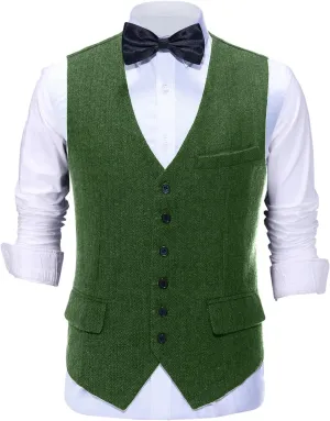 Tuikayoo Mens Herringbone Suits Vests Wool Business Tweed Retro Waistcoats Groomsman Slim Fit