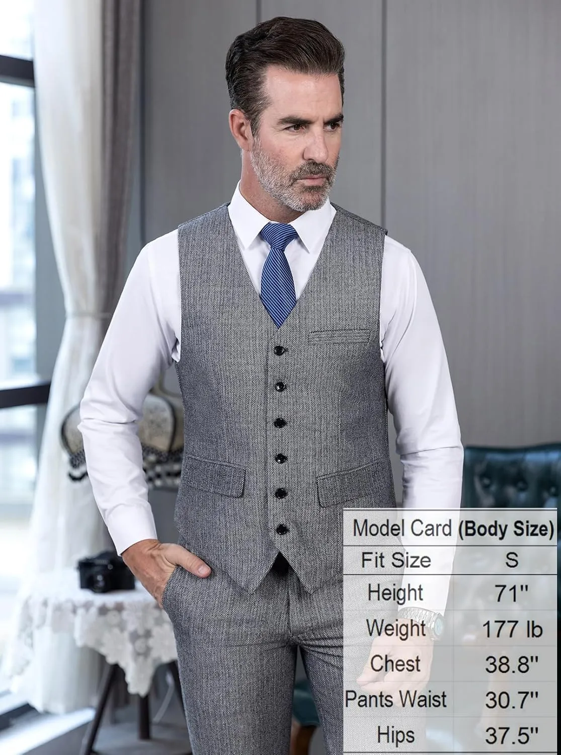 Tuikayoo Mens Herringbone Suits Vests Wool Business Tweed Retro Waistcoats Groomsman Slim Fit