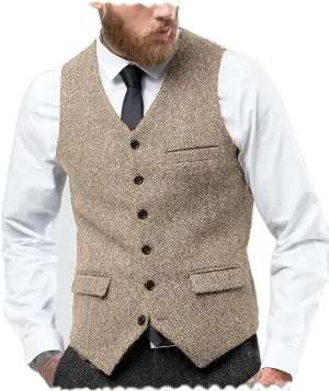 Tuikayoo Mens Herringbone Suits Vests Wool Business Tweed Retro Waistcoats Groomsman Slim Fit