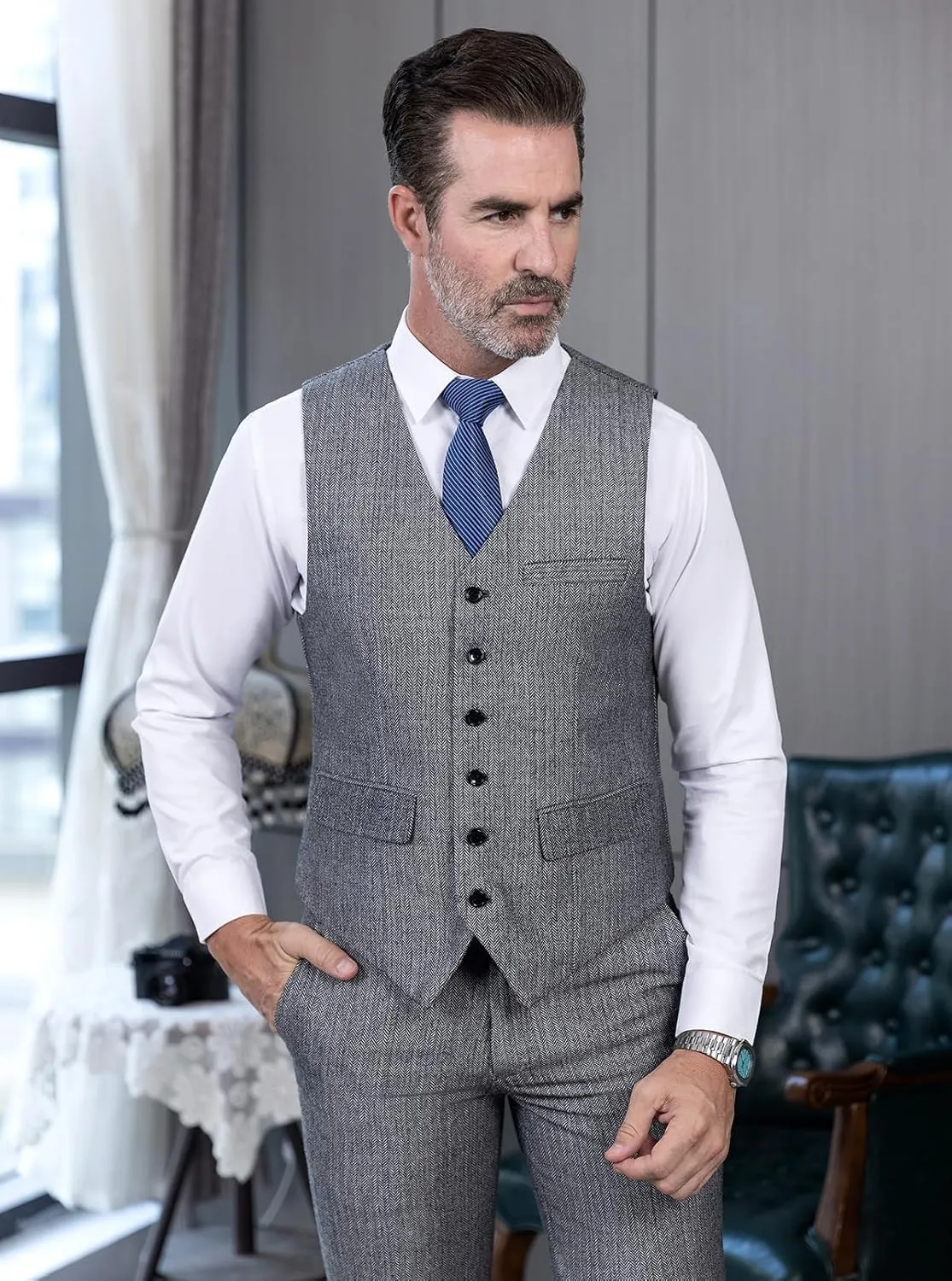 Tuikayoo Mens Herringbone Suits Vests Wool Business Tweed Retro Waistcoats Groomsman Slim Fit