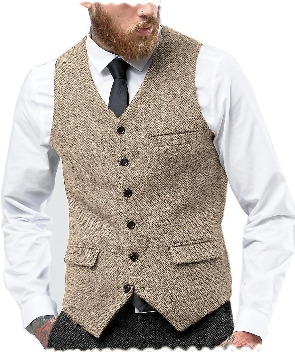 Tuikayoo Mens Herringbone Suits Vests Wool Business Tweed Retro Waistcoats Groomsman Slim Fit