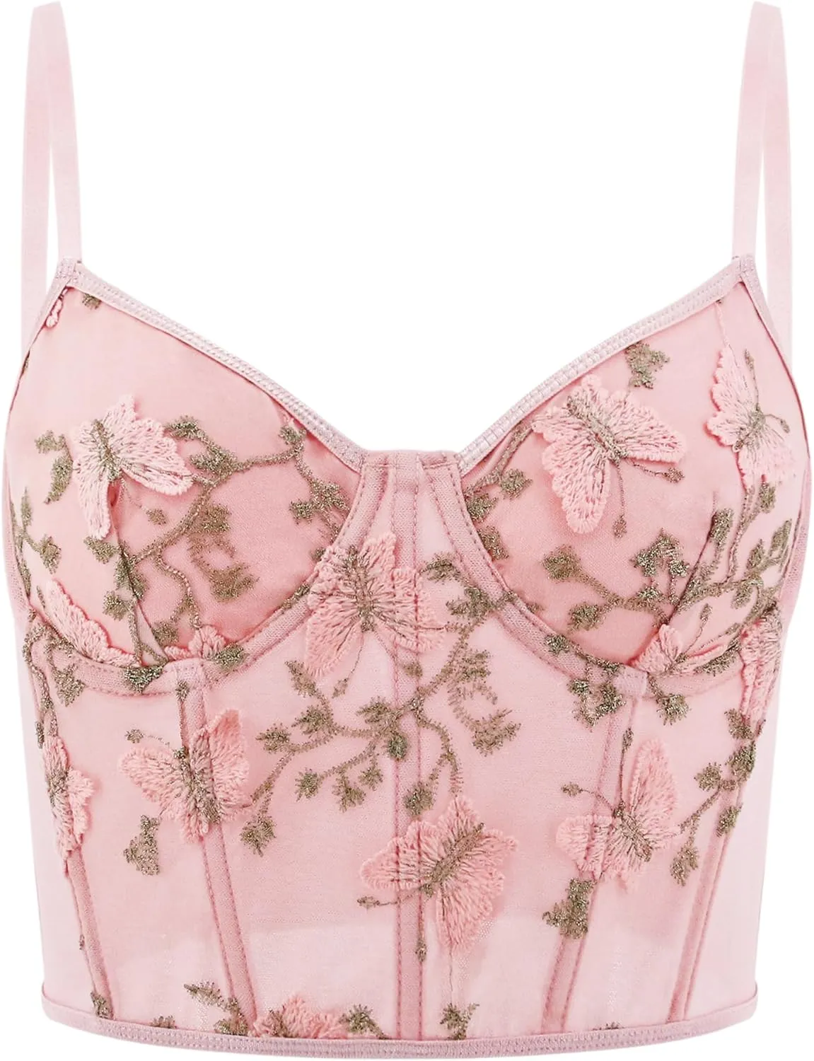 TYNORA Women's Mesh Floral Embroidery Spaghetti Strap Cami Crop Tops Lace Trim Bralette Cami Bustier Top Nightclub