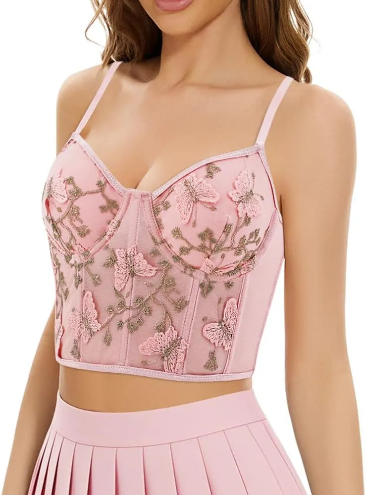 TYNORA Women's Mesh Floral Embroidery Spaghetti Strap Cami Crop Tops Lace Trim Bralette Cami Bustier Top Nightclub