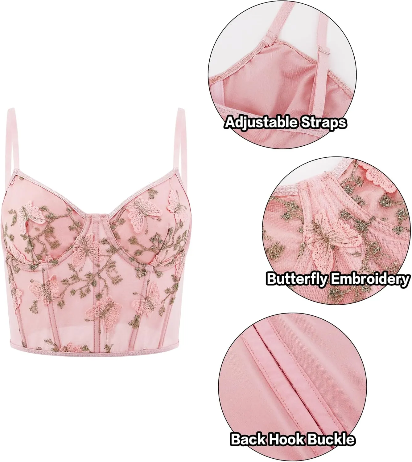 TYNORA Women's Mesh Floral Embroidery Spaghetti Strap Cami Crop Tops Lace Trim Bralette Cami Bustier Top Nightclub