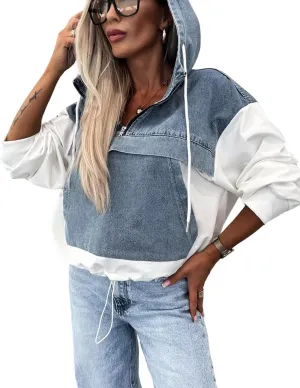 utcoco Womens Denim Patchwork 1/4 Zip Hoodies 2024 Fall Fashion Oversized Long Sleeve Sweatshirt Pullover Tops