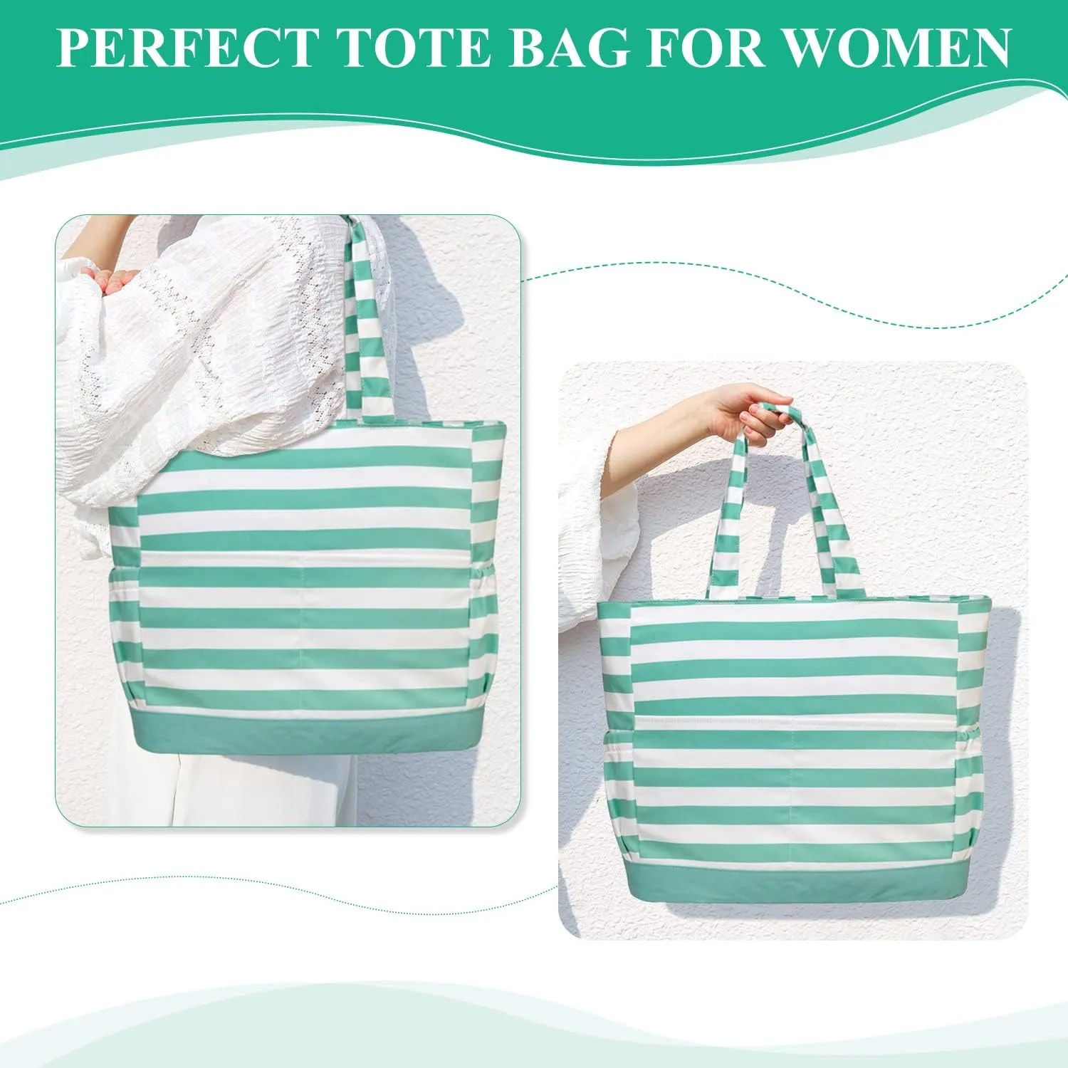 VASCHY Beach Bag for Women, Large Waterproof Sandproof Fold-able Packable Pool Tote Bag w Zipper/Pockets