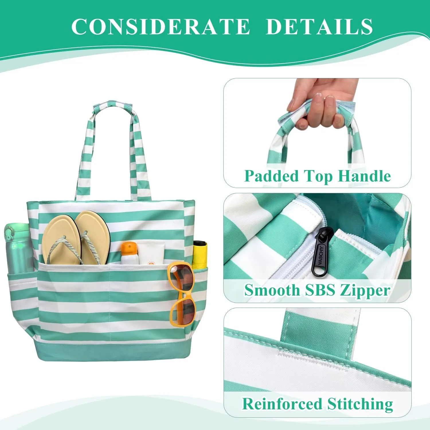 VASCHY Beach Bag for Women, Large Waterproof Sandproof Fold-able Packable Pool Tote Bag w Zipper/Pockets