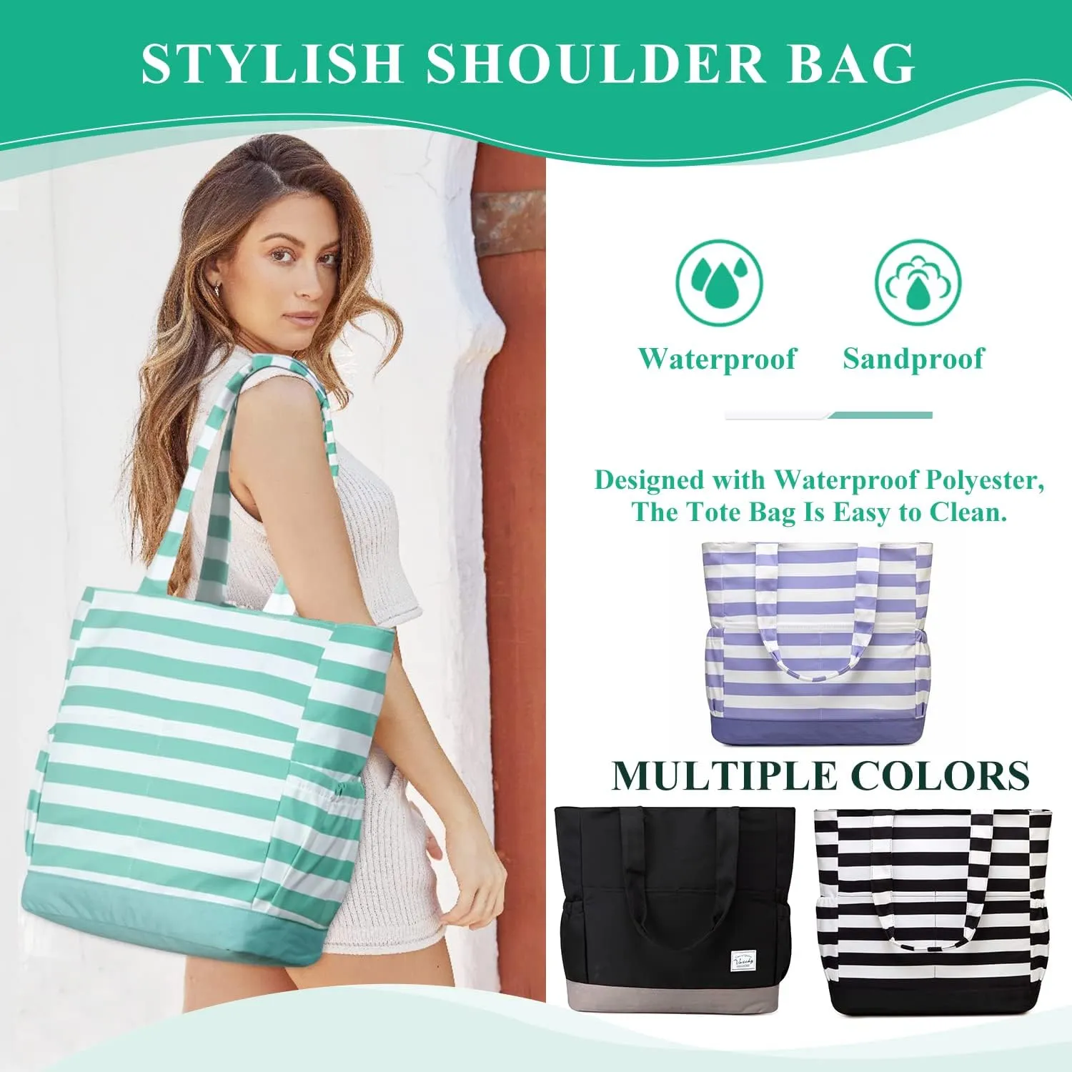 VASCHY Beach Bag for Women, Large Waterproof Sandproof Fold-able Packable Pool Tote Bag w Zipper/Pockets