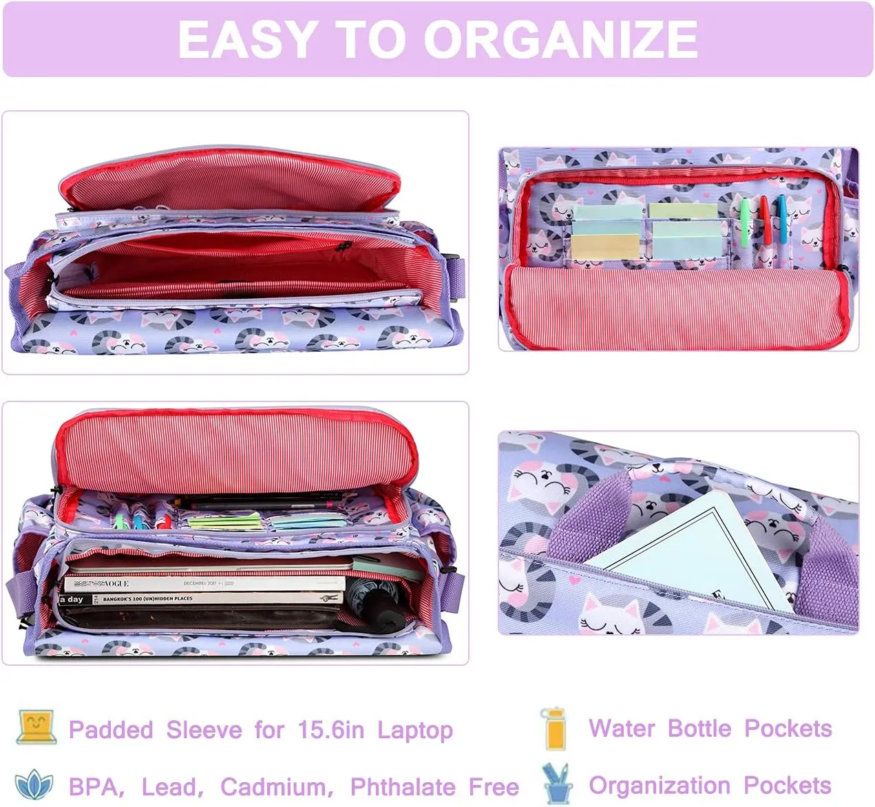 VASCHY Messenger Bag for Kids, Cute 15.6inch Laptop Crossbody School Bag for Boys Girls Teens Women