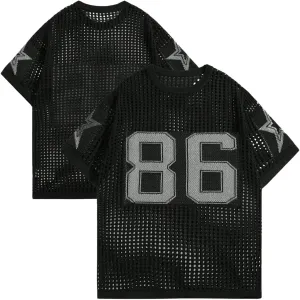Verdusa Men's Jersey Shirt Crochet Tops Short Sleeve Letter Print Vintage Lightweight Pullover Sweater