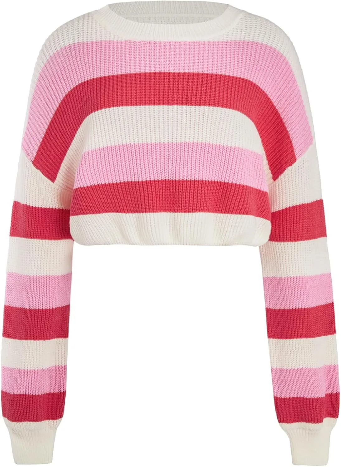 Verdusa Women's Striped Rainbow Cropped Sweater Long Sleeve Lightweight Cute Knit Tops Pullovers