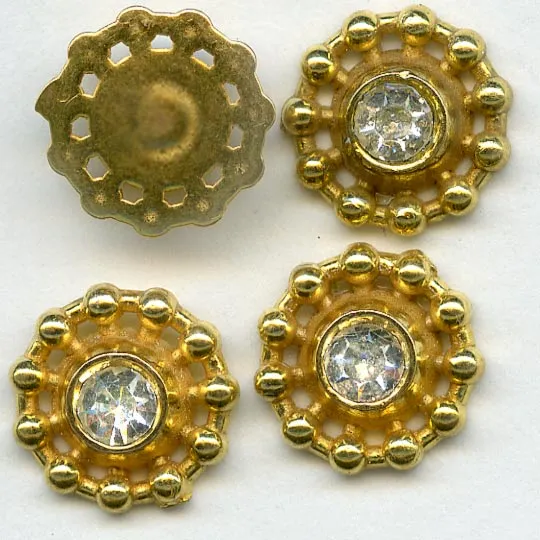 Vintage Molded Brass Circular Charm or Sew-On with Bezel-Set Rhinestone. 10mm with 3.5mm Rhinestone. Pkg. of 6. b9-0990
