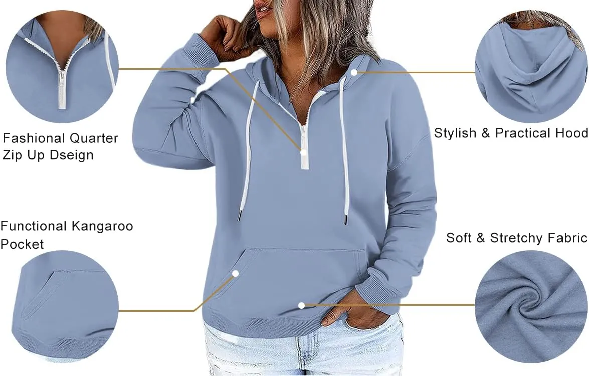 VISLILY Women's-Plus-Size-Hoodies Quarter Zip-Up Hooded Sweatshirts Lightweight Long Sleeve Pullover Tops with Pocket 1X-4X