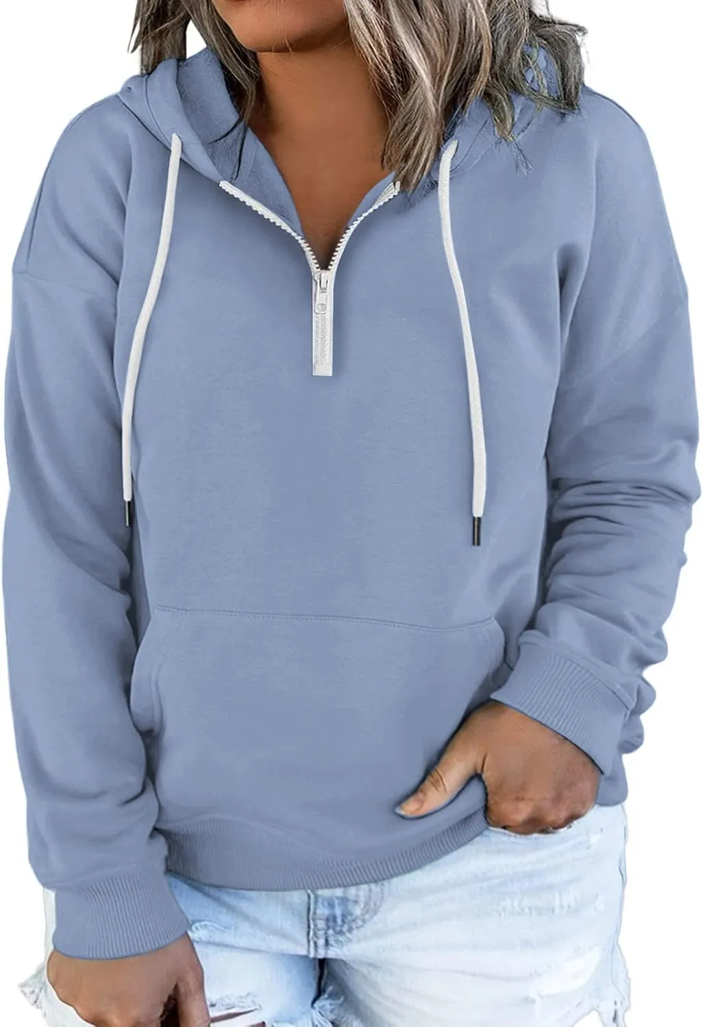 VISLILY Women's-Plus-Size-Hoodies Quarter Zip-Up Hooded Sweatshirts Lightweight Long Sleeve Pullover Tops with Pocket 1X-4X