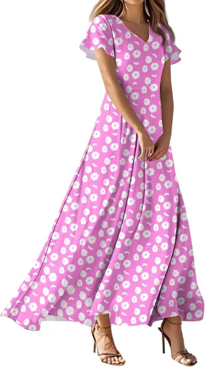 Wedding GTuest Dresses for Women 2025 Boho Multi Style Maxi Dress Flowy Dress Casual V Neck Short Sleeve Graphic Long Dress