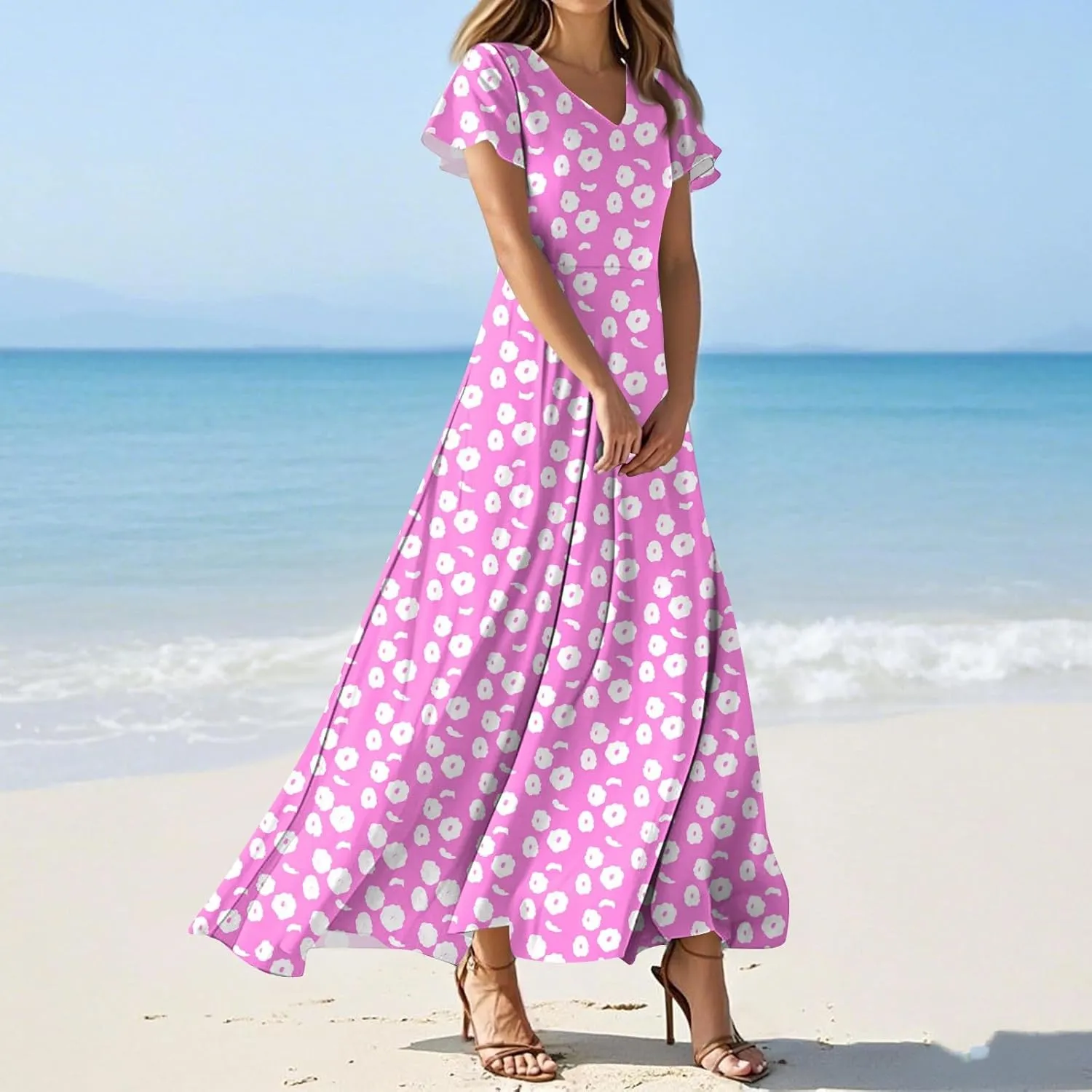 Wedding GTuest Dresses for Women 2025 Boho Multi Style Maxi Dress Flowy Dress Casual V Neck Short Sleeve Graphic Long Dress