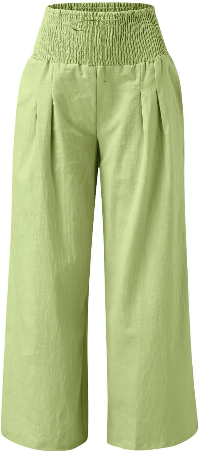 Wide Leg Pants for Women Summer High Waist Cotton Linen Pants Casual Fashion Beach Pant Solid Color Loose Trousers