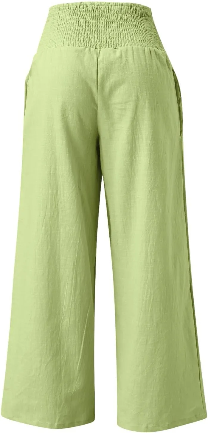 Wide Leg Pants for Women Summer High Waist Cotton Linen Pants Casual Fashion Beach Pant Solid Color Loose Trousers