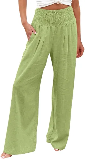 Wide Leg Pants for Women Summer High Waist Cotton Linen Pants Casual Fashion Beach Pant Solid Color Loose Trousers