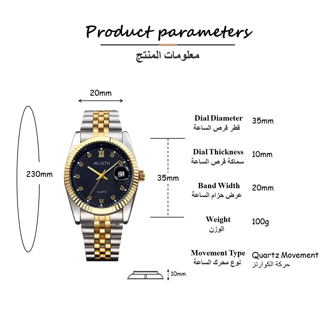 Wlisth Men's Watches Stainless Steel Luxury Diamond Waterproof with Date Quartz Watch