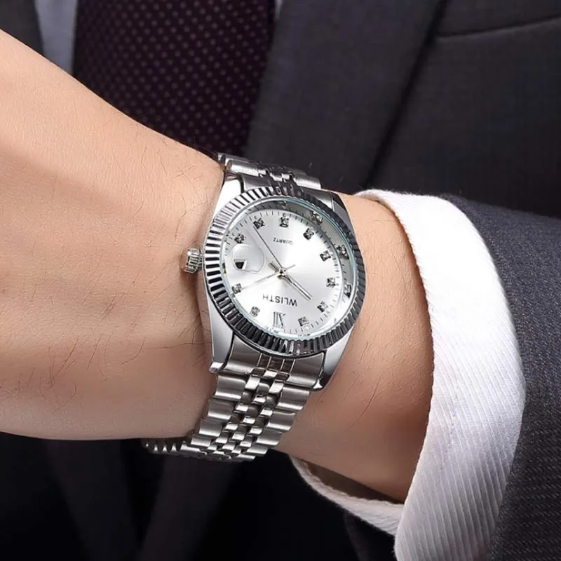 Wlisth Men's Watches Stainless Steel Luxury Diamond Waterproof with Date Quartz Watch