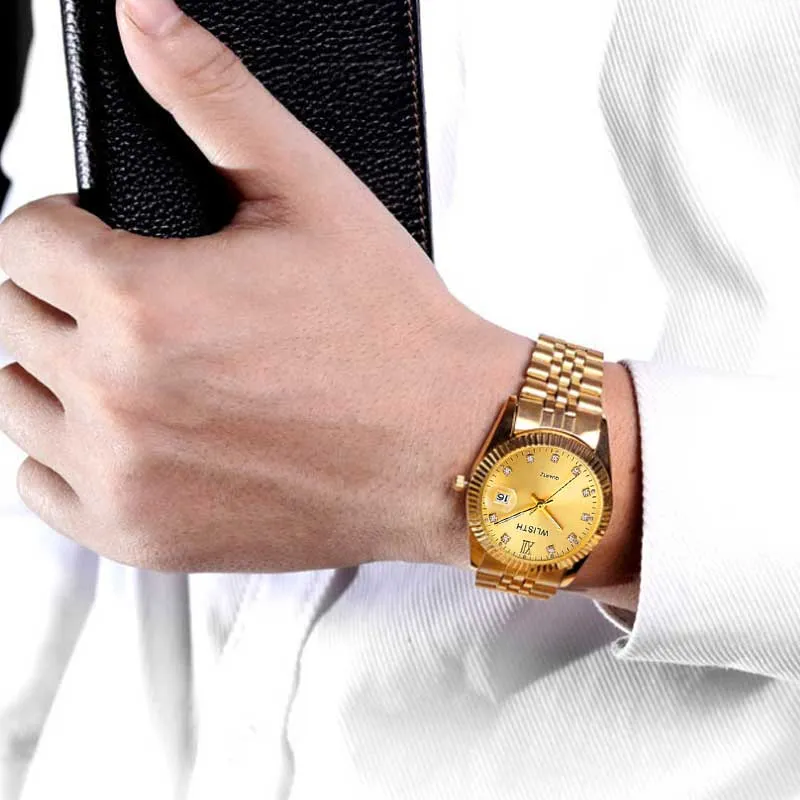 Wlisth Men's Watches Stainless Steel Luxury Diamond Waterproof with Date Quartz Watch