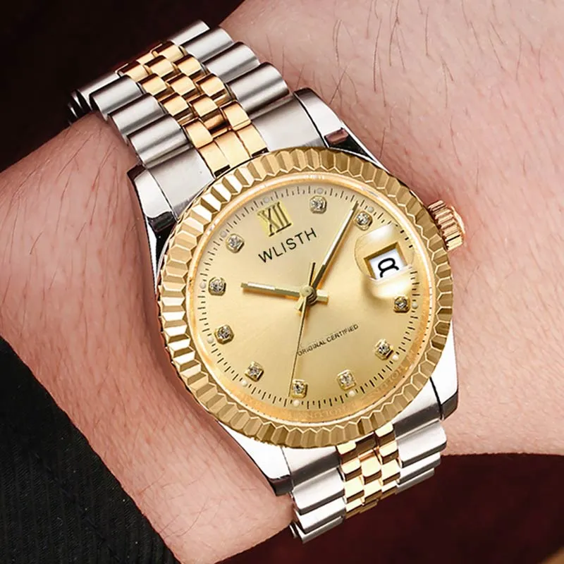 Wlisth Men's Watches Stainless Steel Luxury Diamond Waterproof with Date Quartz Watch