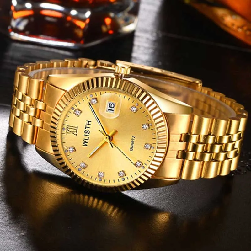 Wlisth Men's Watches Stainless Steel Luxury Diamond Waterproof with Date Quartz Watch