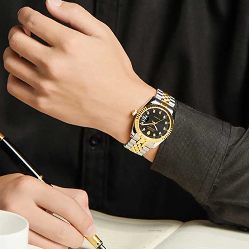 Wlisth Men's Watches Stainless Steel Luxury Diamond Waterproof with Date Quartz Watch