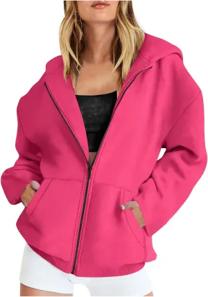 Women Full Zipper Oversized Hooded Sweatshirts Long Sleeve Drop Shoulder Hoodies Trendy Casual Pullover Y2K Clothes