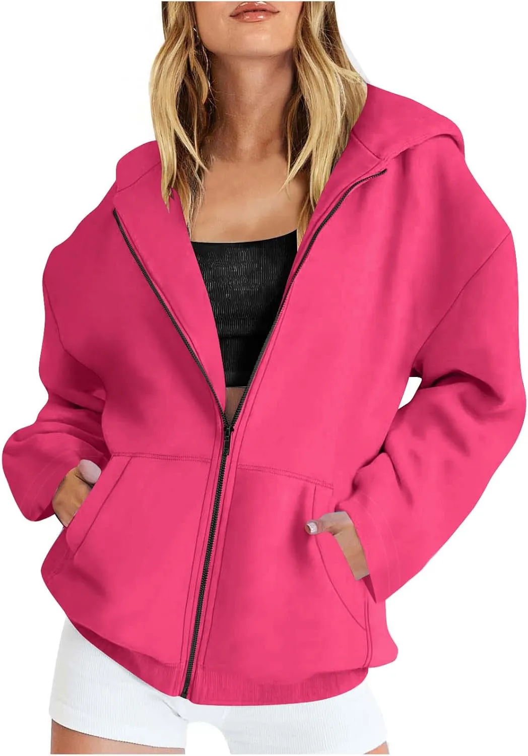 Women Full Zipper Oversized Hooded Sweatshirts Long Sleeve Drop Shoulder Hoodies Trendy Casual Pullover Y2K Clothes