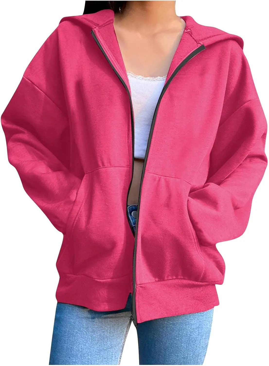 Women Full Zipper Oversized Hooded Sweatshirts Long Sleeve Drop Shoulder Hoodies Trendy Casual Pullover Y2K Clothes