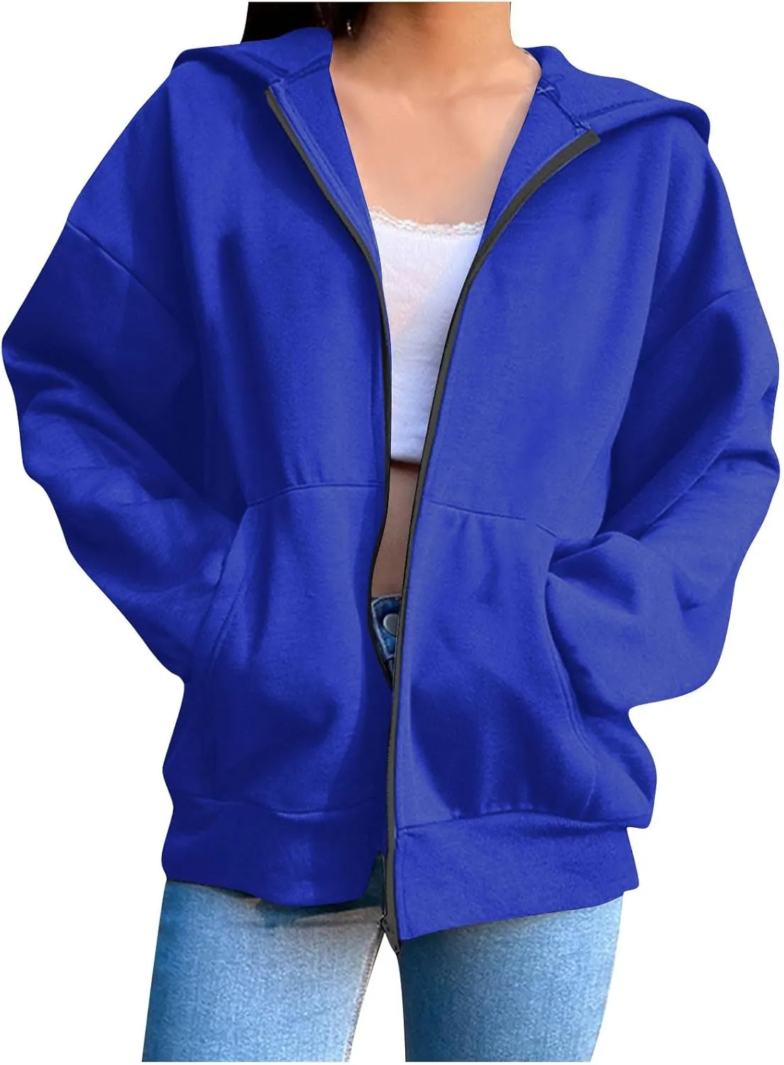 Women Full Zipper Oversized Hooded Sweatshirts Long Sleeve Drop Shoulder Hoodies Trendy Casual Pullover Y2K Clothes
